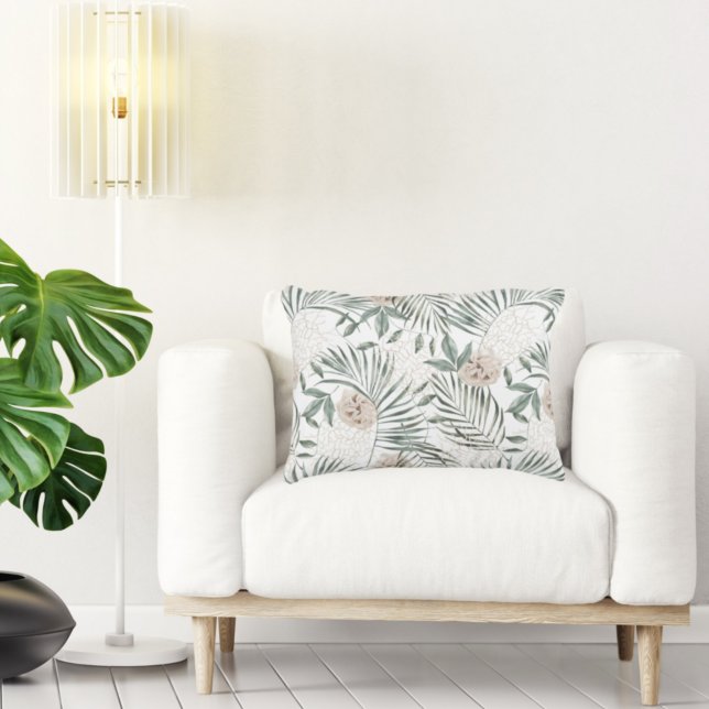 Tropical Watercolor Leaves & Flowers Pattern Accent Pillow (Creator Uploaded)