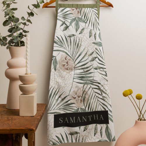 Tropical Watercolor Leaves  Flowers Pattern Apron