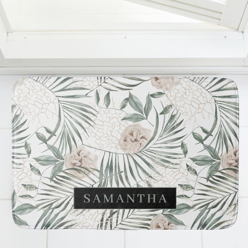 Tropical Watercolor Leaves  Flowers Pattern Bath Mat