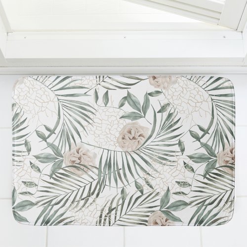 Tropical Watercolor Leaves  Flowers Pattern Bath Mat