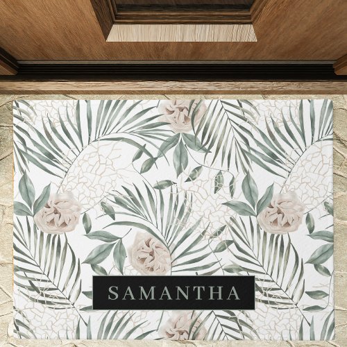 Tropical Watercolor Leaves  Flowers Pattern Doormat