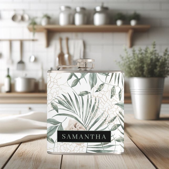 Tropical Watercolor Leaves & Flowers Pattern Flask (Creator Uploaded)