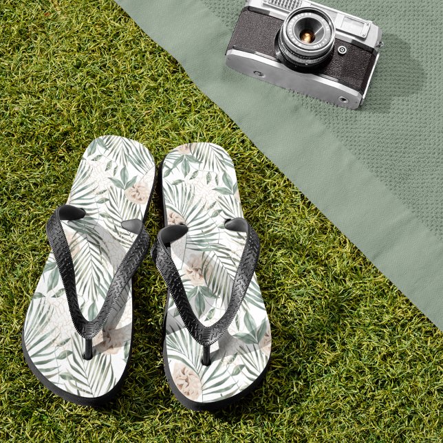 Tropical Watercolor Leaves & Flowers Pattern Flip Flops (Creator Uploaded)
