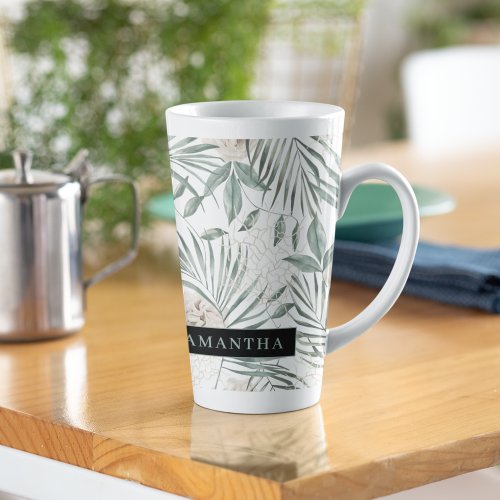 Tropical Watercolor Leaves  Flowers Pattern Latte Mug