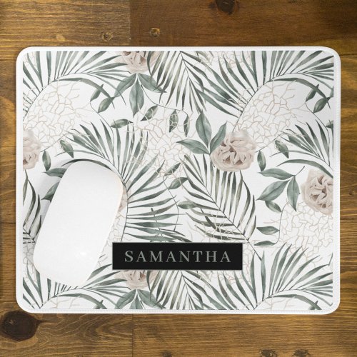 Tropical Watercolor Leaves  Flowers Pattern Mouse Pad