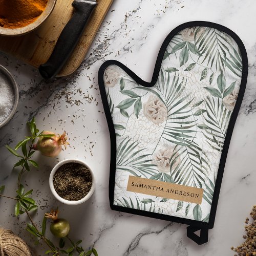 Tropical Watercolor Leaves  Flowers Pattern Oven Mitt  Pot Holder Set