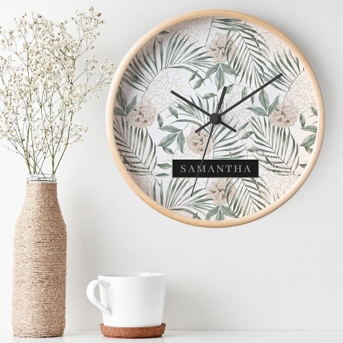 Tropical Watercolor Leaves  Flowers Pattern Round Clock