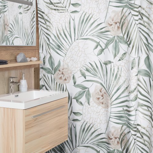 Tropical Watercolor Leaves  Flowers Pattern Shower Curtain