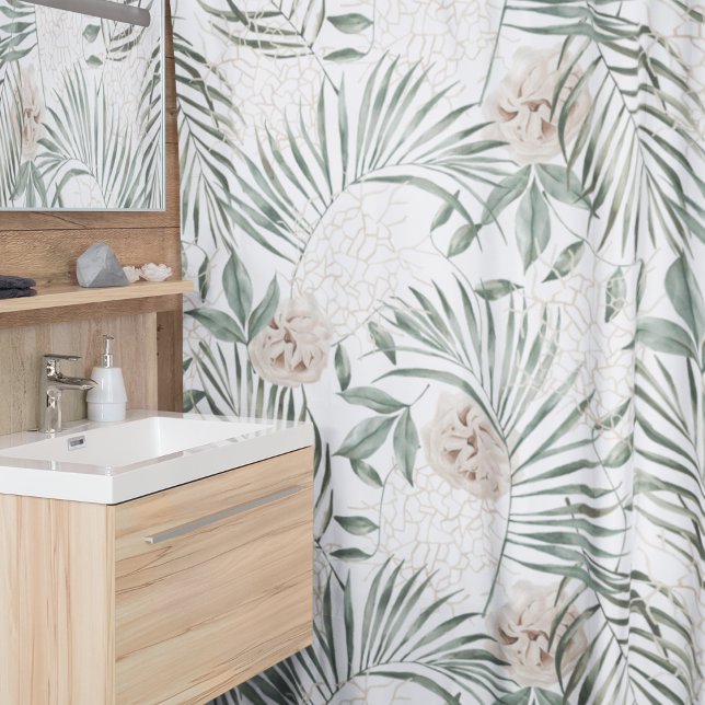 Tropical Watercolor Leaves & Flowers Pattern Shower Curtain (Creator Uploaded)