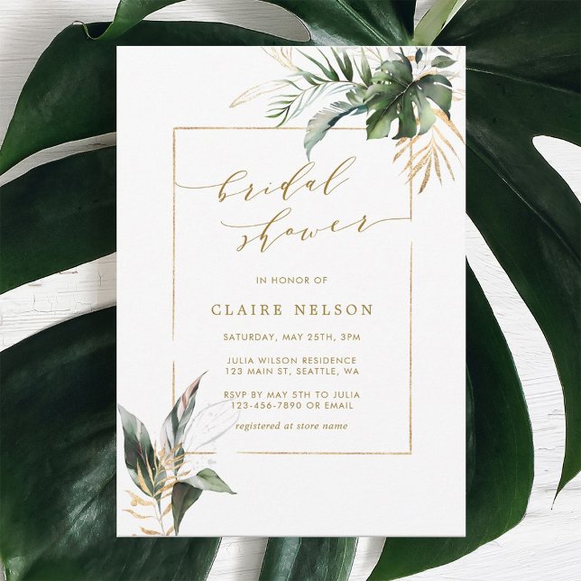 Tropical Watercolor Leaves Gold Bridal Shower Invitation (Creator Uploaded)