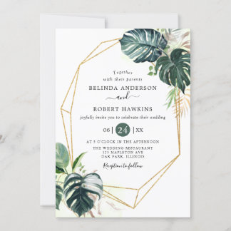 Tropical Watercolor Leaves Gold Frame Wedding Invitation