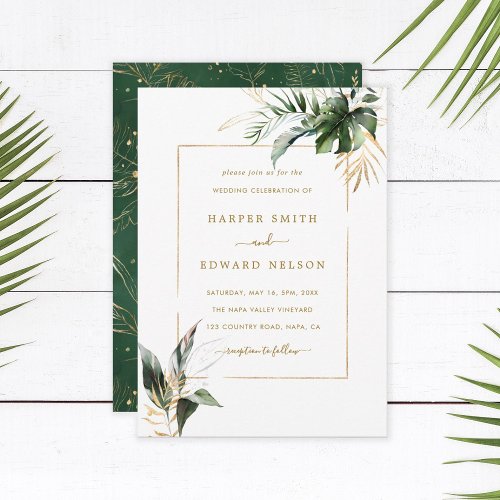 Tropical Watercolor Leaves Gold Frame Wedding Invitation