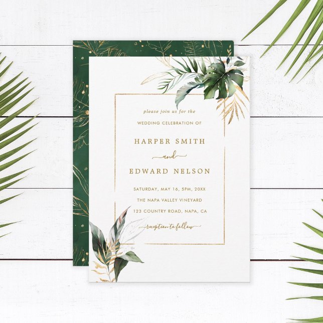 Tropical Watercolor Leaves Gold Frame Wedding Invitation (Creator Uploaded)