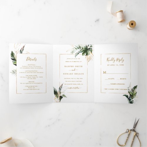 Tropical Watercolor Leaves Gold Frame Wedding Tri_Fold Invitation