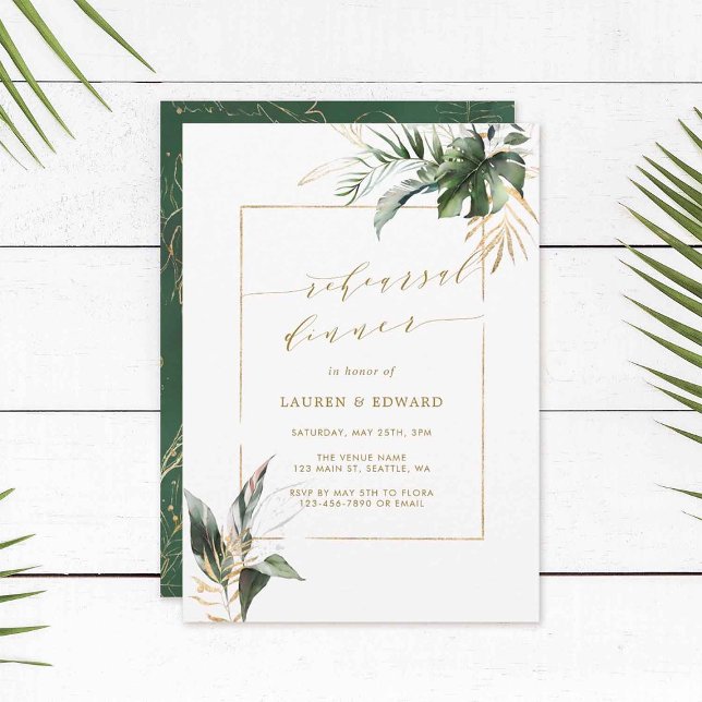 Tropical Watercolor Leaves Gold Rehearsal Dinner Invitation (Creator Uploaded)
