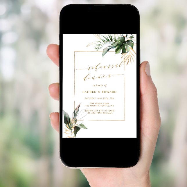 Tropical Watercolor Leaves Gold Rehearsal Dinner Invitation (Front Digital)