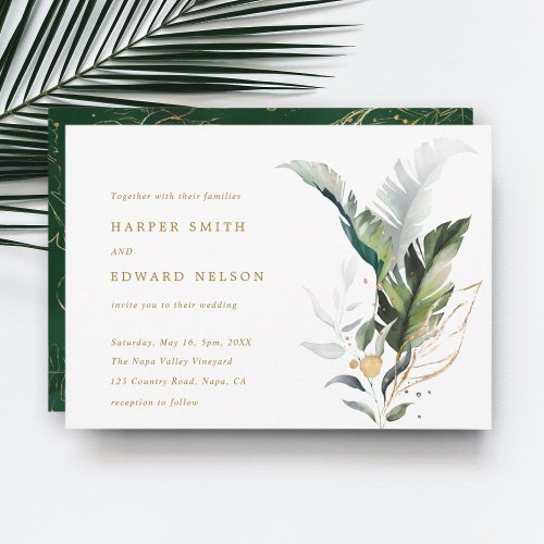Tropical Watercolor Leaves Gold Wedding Invitation
