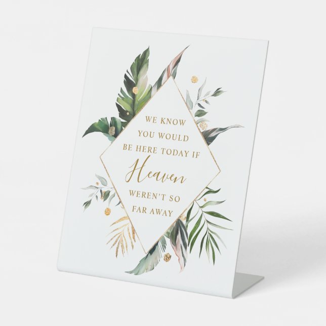 Tropical Watercolor Leaves Gold Wedding Memorial Pedestal Sign (Front)