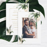 Tropical Watercolor Leaves Gold Wedding Photo Invitation<br><div class="desc">This wedding photo invitation card features watercolor green tropical foliage,  monstera leaves,  palm tree leaves,  banana leaves,  and faux gold leaves accents with a tropical pattern on the back.  It's perfect for a beach or destination wedding.

>>> Check out the entire collection >>> https://www.zazzle.com/collections/tropical_foliage_gold_collection-119316977990783186</div>