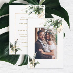 Tropical Watercolor Leaves Gold Wedding Photo Invitation