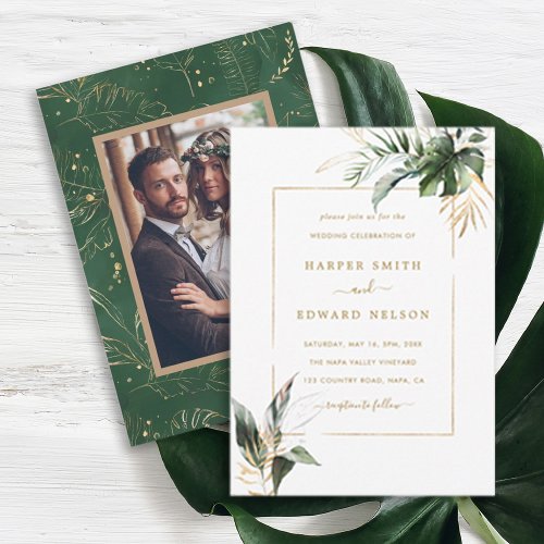 Tropical Watercolor Leaves Gold Wedding Photo  Invitation