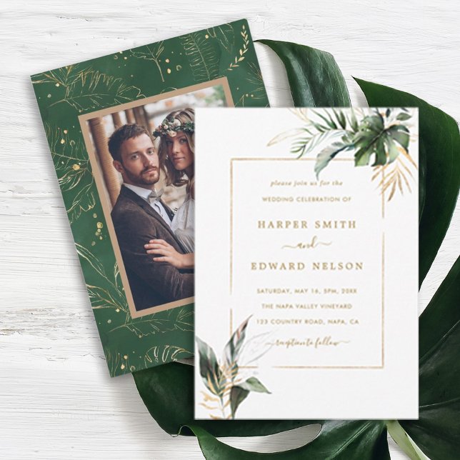Tropical Watercolor Leaves Gold Wedding Photo  Invitation (Creator Uploaded)