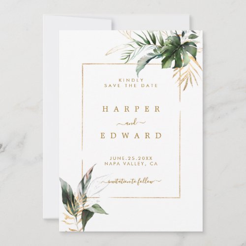 Tropical Watercolor Leaves Gold Wedding Save The Date