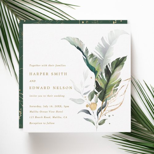 Tropical Watercolor Leaves Gold Wedding Square Invitation
