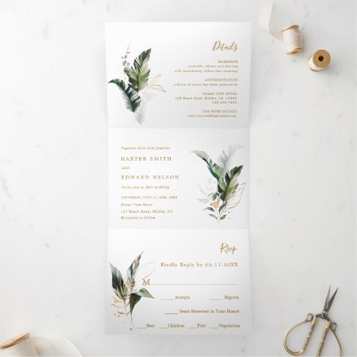 Tropical Watercolor Leaves Gold Wedding Tri_Fold Invitation