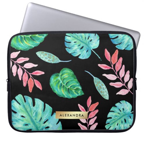 Tropical Watercolor Leaves on Black with Faux Gold Laptop Sleeve