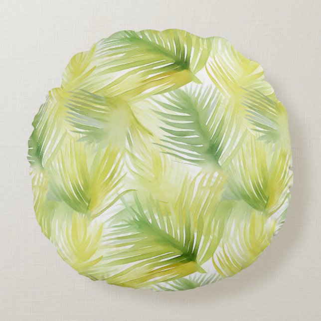 Tropical Watercolor Leaves Round Pillow (Front)
