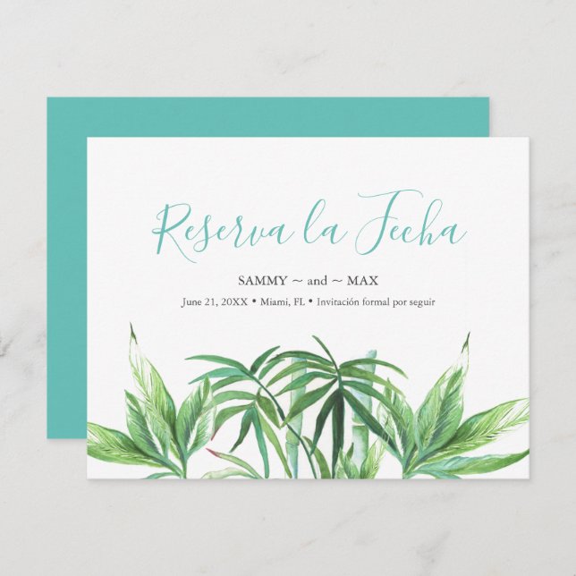 Tropical Watercolor Leaves Save the Date (Front/Back)