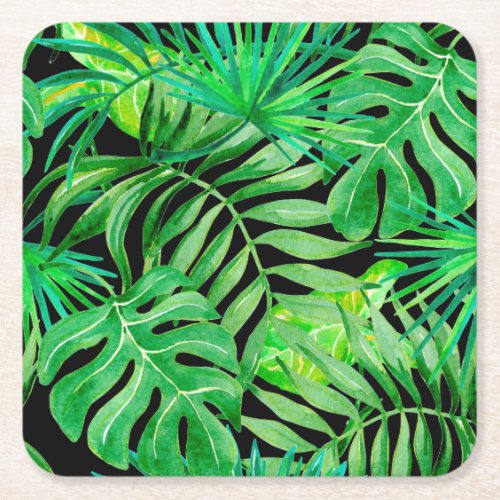 Tropical Watercolor Leaves Seamless Elegance Square Paper Coaster