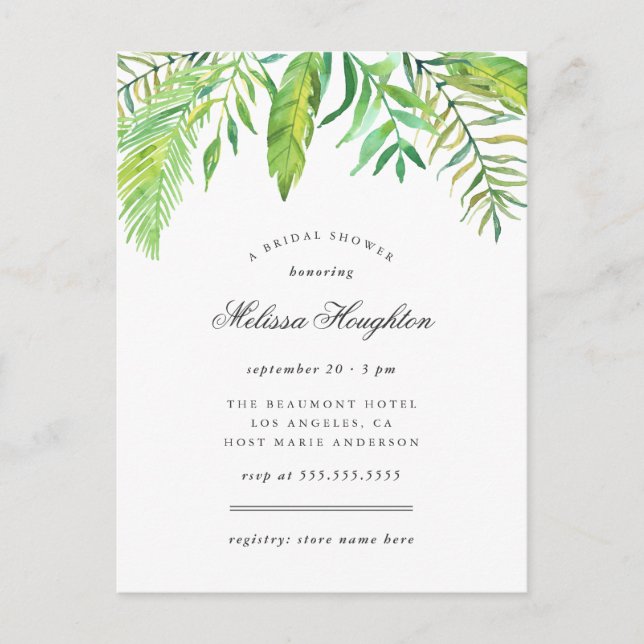Tropical Watercolor Leaves Summer Bridal Shower Invitation Postcard (Front)
