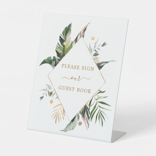 Tropical Watercolor Leaves Wedding Guest Book Pedestal Sign