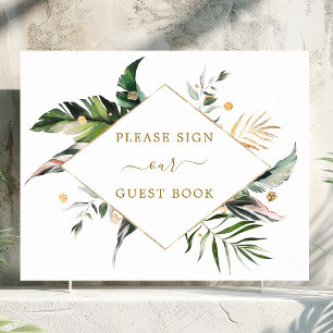 Tropical Watercolor Leaves Wedding Guest Book Sign