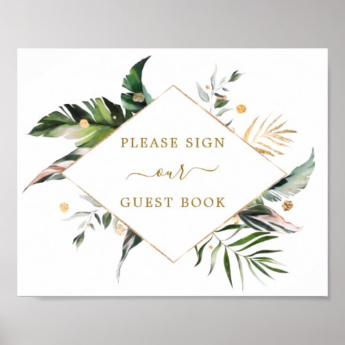 Tropical Watercolor Leaves Wedding Guest Book Sign