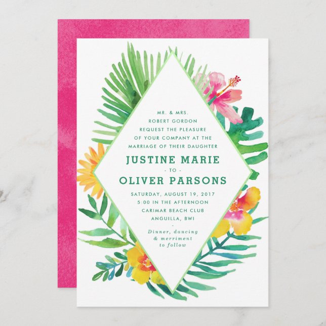 Tropical Watercolor Leaves Wedding Invitation (Front/Back)