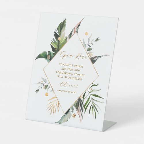 Tropical Watercolor Leaves Wedding Open Bar  Pedestal Sign