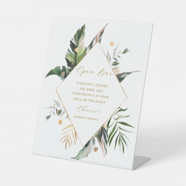 Tropical Watercolor Leaves Wedding Open Bar  Pedestal Sign (Front)