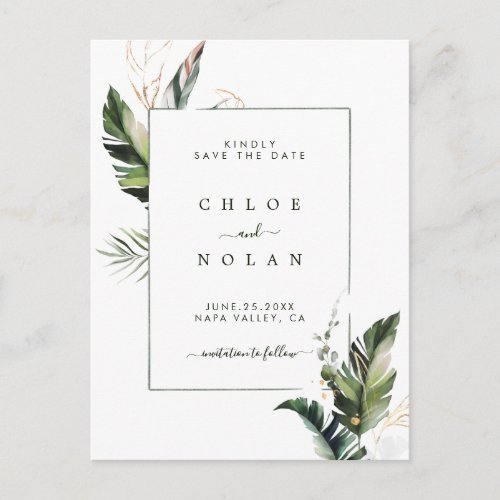 Tropical Watercolor Leaves Wedding Save the Date Announcement Postcard