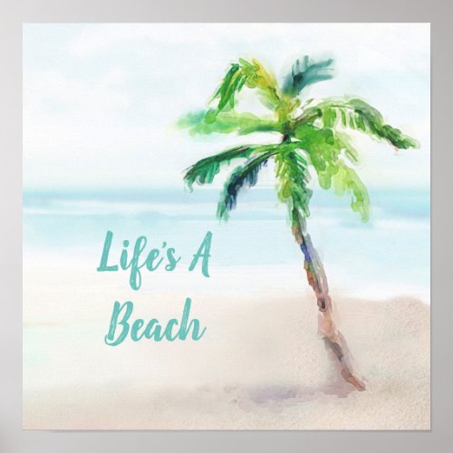 Tropical Watercolor Lifes A Beach Palm Tree Poster