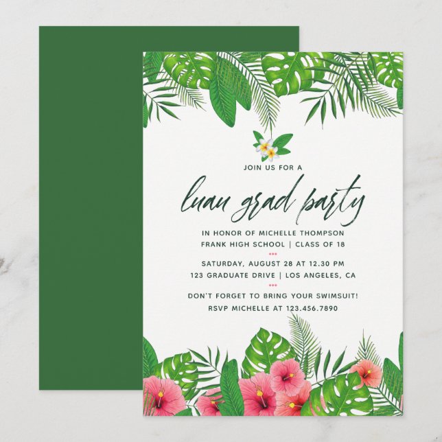 Tropical Watercolor Luau Graduation Party Invite (Front/Back)