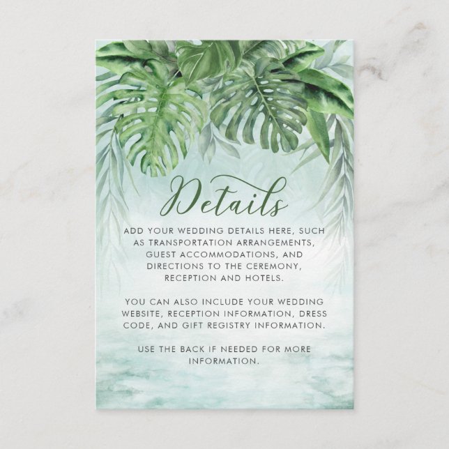 Tropical Watercolor Lush Foliage Wedding Details Enclosure Card (Front)