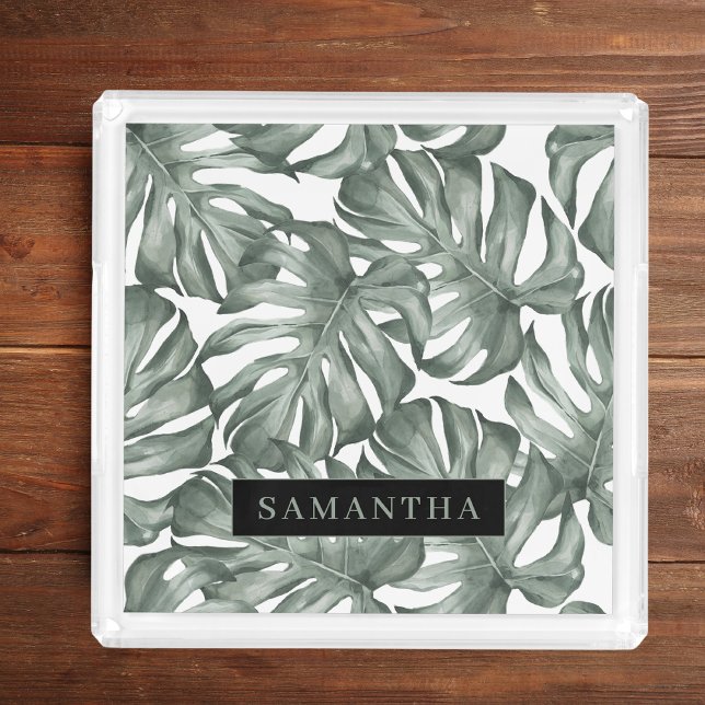 Tropical Watercolor Modern Oasis Leaves Pattern Acrylic Tray (Creator Uploaded)