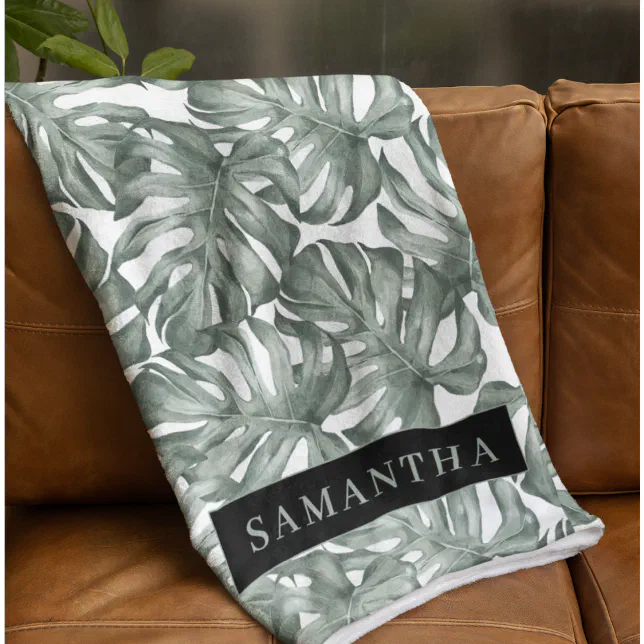 Tropical Watercolor Modern Oasis Leaves Pattern Fleece Blanket
