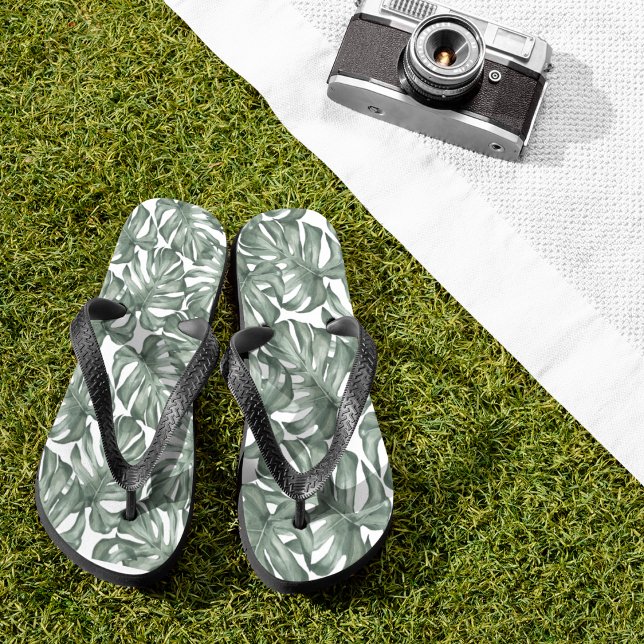 Tropical Watercolor Modern Oasis Leaves Pattern Flip Flops (Creator Uploaded)