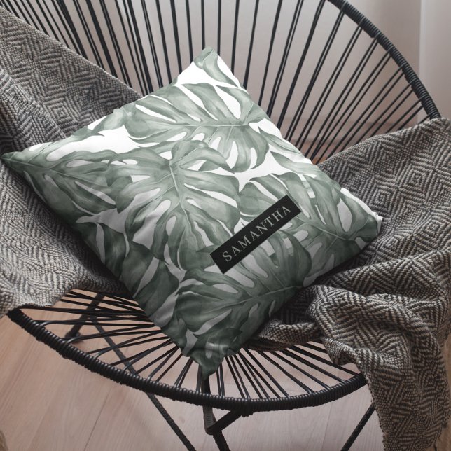 Tropical Watercolor Modern Oasis Leaves Pattern Outdoor Pillow (Creator Uploaded)