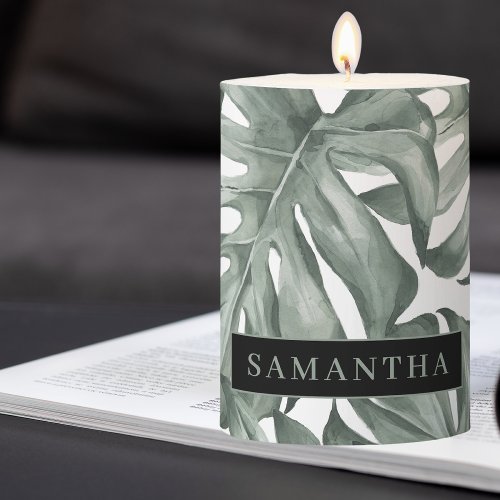 Tropical Watercolor Modern Oasis Leaves Pattern Pillar Candle