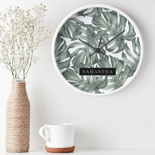 Tropical Watercolor Modern Oasis Leaves Pattern Round Clock